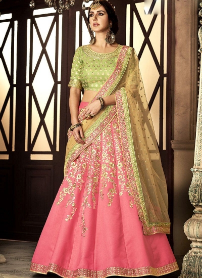 Peach and green dhupion silk wedding lehenga