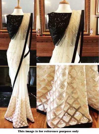 Bollywood Inspired White and Black net Sequins saree