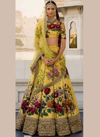 Bollywood Sabyasachi Inspired Yellow art silk bridal lehenga