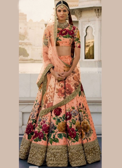 Bollywood Sabyasachi Inspired Peach art silk bridal lehenga