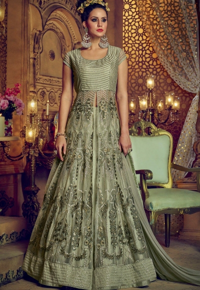 Olive green net and banglori silk party wear Lehenga kameez