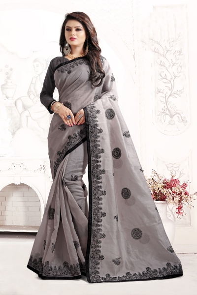 Indian Wedding organza Art silk Grey Colour Saree 1562