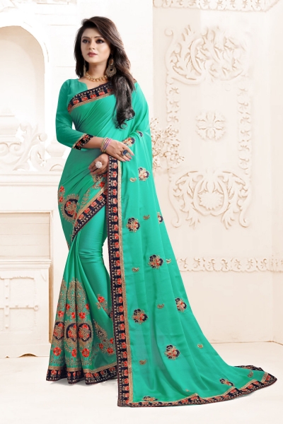 Indian Wedding Georgette Green Colour Saree 1564