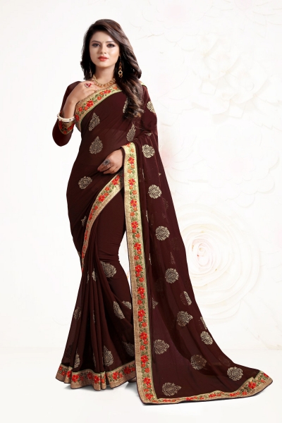 Indian Wedding Georgette Brown Colour Saree 1554