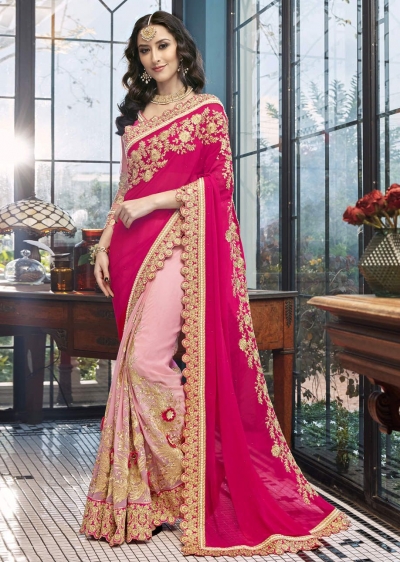 Pink Faux Georgette Embroidered Saree 5001