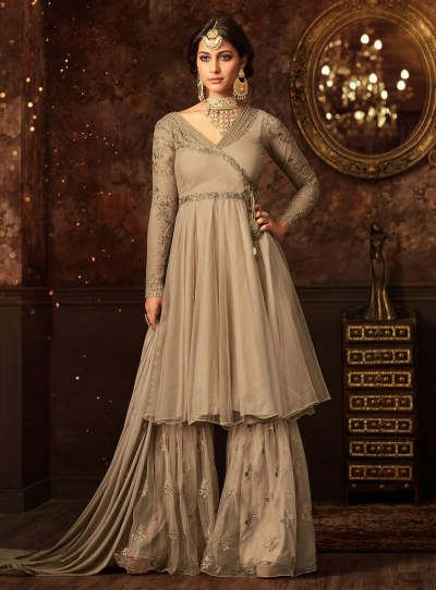 Beige color net wedding wear Sharara Style suit