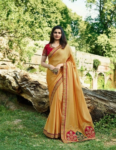 Bollywood Prachi Desai Gold and red color silk designer party wear saree