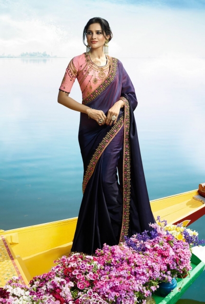 Purple Color Barfi silk designer party wear saree