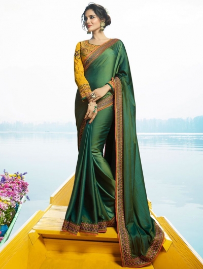 Green Color Barfi silk designer party wear saree