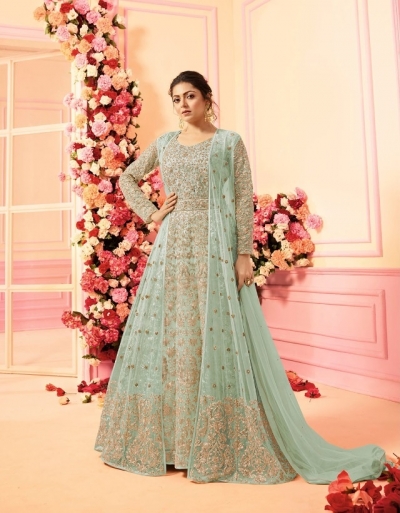 Drashti Dhami sea blue net jacket style wedding anarkali 2209