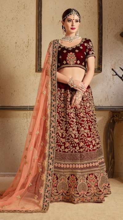 Maroon peach silk Indian Wedding wear lehenga choli 1204