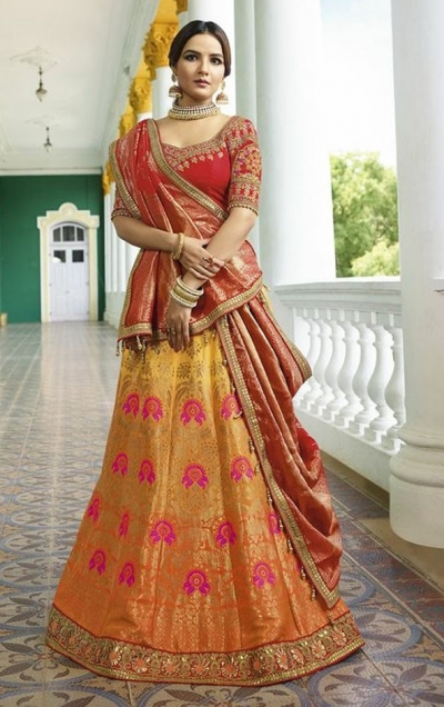 Orange red silk Indian wedding lehenga 13165