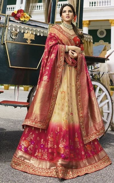Ivory pink silk Indian wedding lehenga 13166