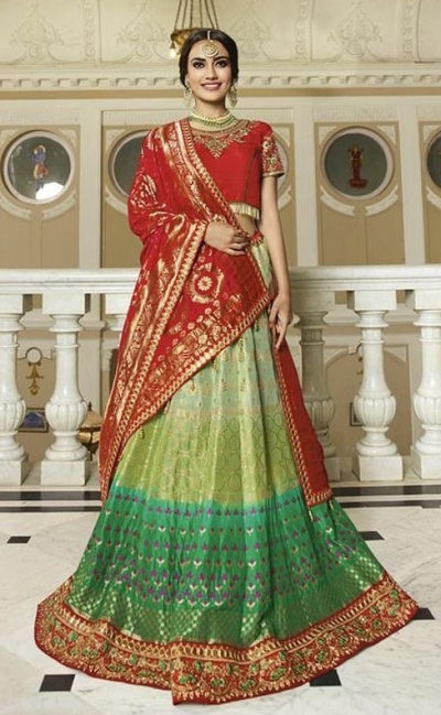 Green red silk Indian wedding lehenga 13170