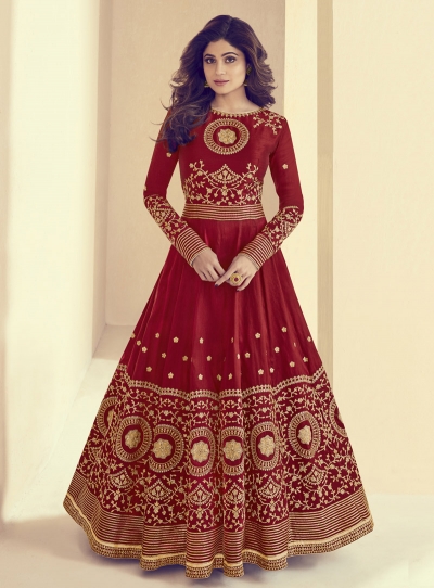 Shamita Shetty Red Silk Wedding Anarkali Suit 8001