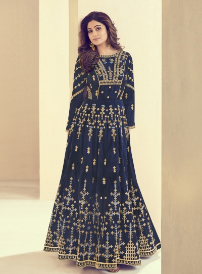 Shamita Shetty Blue Silk Wedding Anarkali Suit 8004