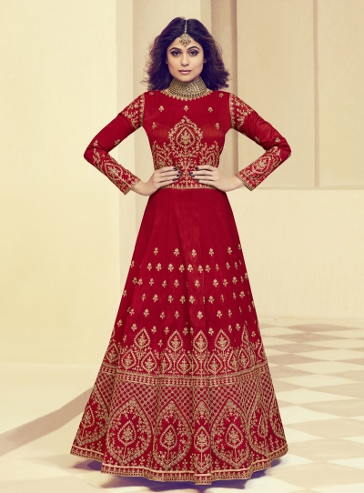 Shamita Shetty Red Silk Wedding Anarkali Suit 8005
