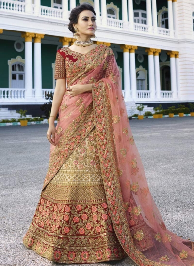 Beige peach heavy embroidered Indian wedding lehenga choli 13173