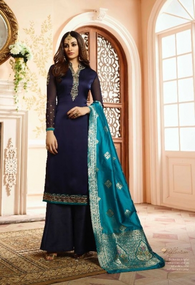 Blue silk festive wear palazzo suit 15105
