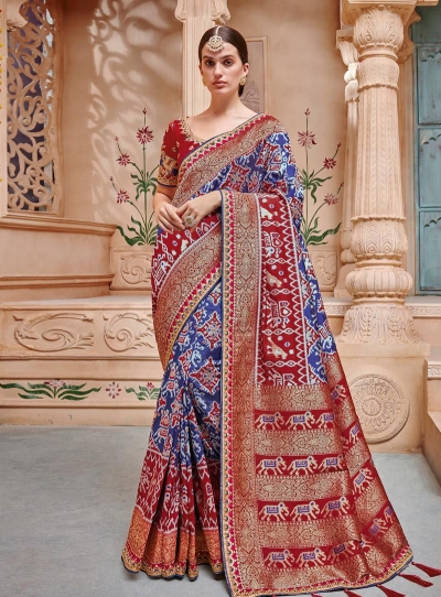 Blue red color pure banarasi silk wedding wear saree 2005