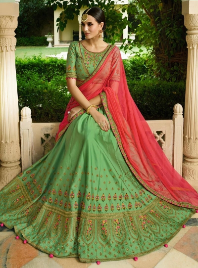 green lehenga with pink choli