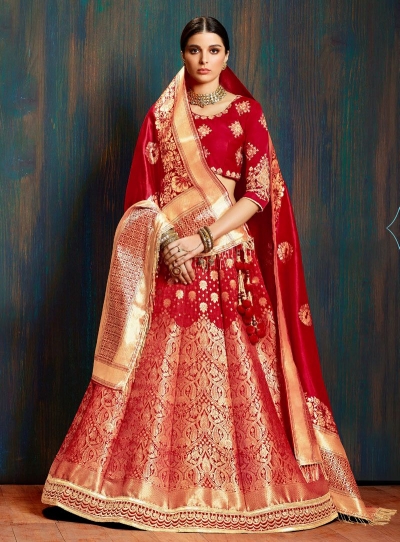 Red pure banarasi silk Indian wedding lehenga choli 62005