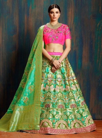 Green pink pure banarasi silk Indian wedding lehenga choli 62006