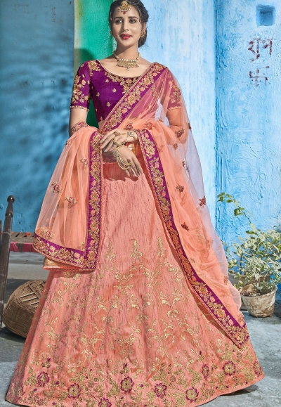 Peach purple silk Indian wedding lehenga choli 1005