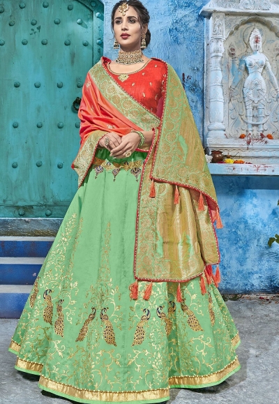 Green and red silk Indian wedding lehenga choli 1011