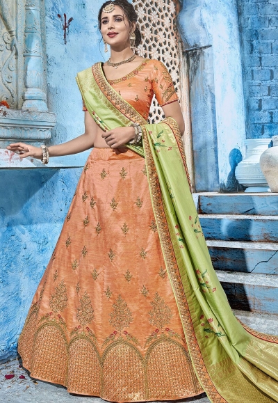 Peach silk Indian wedding lehenga choli 1012