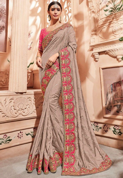 Beige silk Indian wedding wear saree 1906