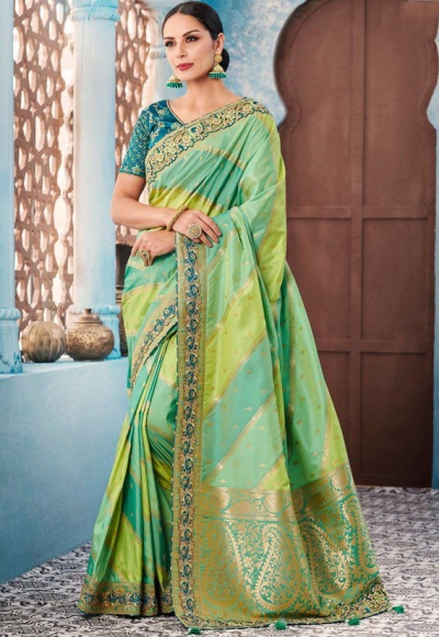Pista green stripes Indian wedding wear silk saree 7001