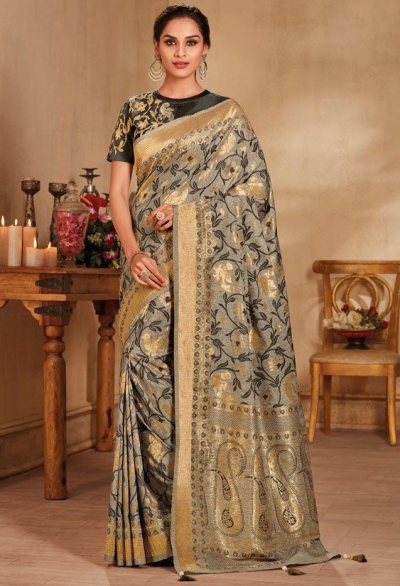 Grey color silk Indian wedding saree 926