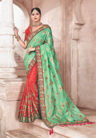 Green orange fancy silk Indian wedding saree 2308