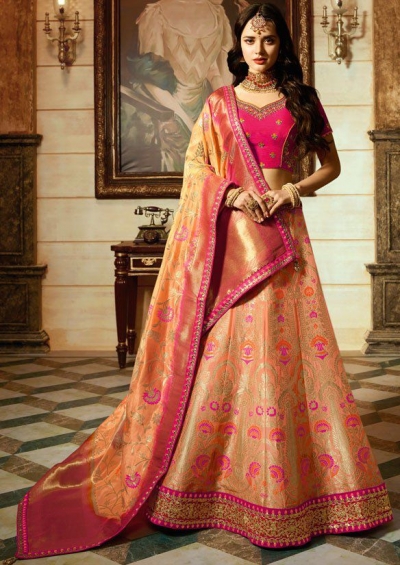 Peach Pink silk Indian wedding Lehenga choli 13193