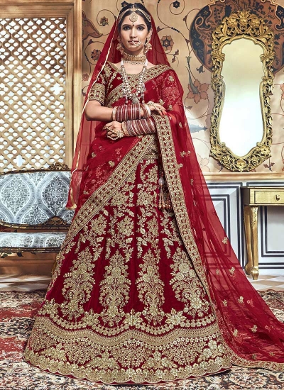 Maroon velvet embroidered heavy designer Indian wedding lehenga choli 4704
