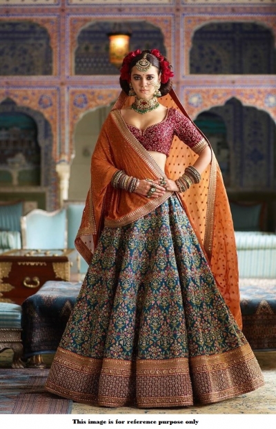 Bollywood Sabyasachi Inspired blue orange and red silk lehenga
