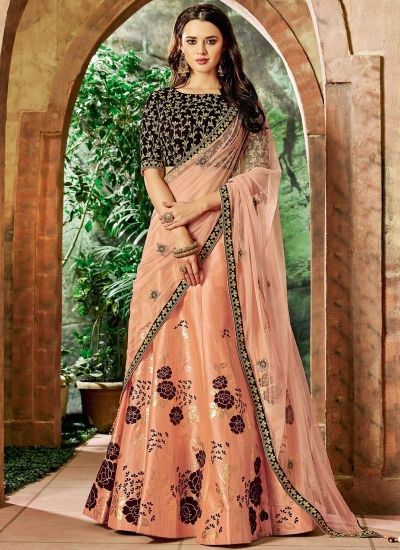 Indian wedding peach and maroon silk wedding lehenga 7704