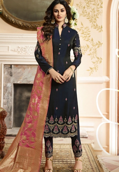 Indian silk Wedding salwar kameez in blue color 15203