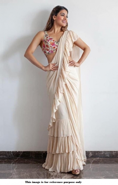 Bollywood model Off white georgette ruffle saree