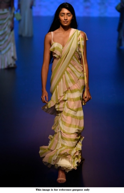 Bollywood White green and peach stripes ruffle georgette saree