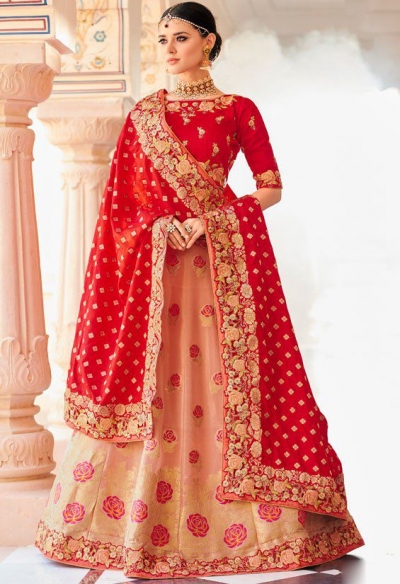 Peach and red banarasi wedding lehenga