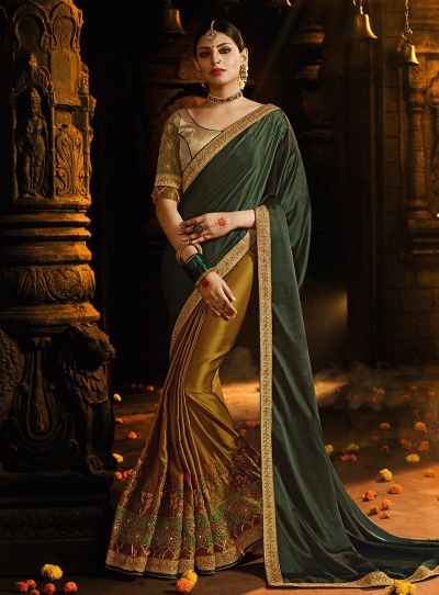 Mustuard and green satin silk designer party wear saree
