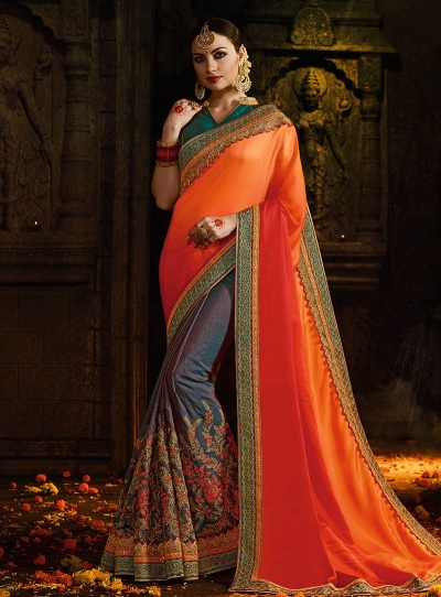 Orange and blue silk designer party wear saree