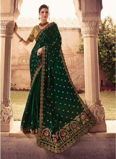 Bottle green Barfi silk Indian designer saree