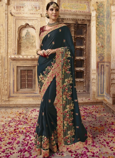 Dark blue and red barfi silk Indian wedding Saree