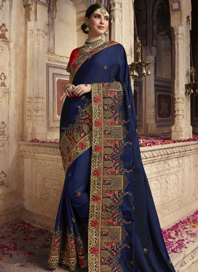 Navy blue and red barfi silk Indian wedding Saree