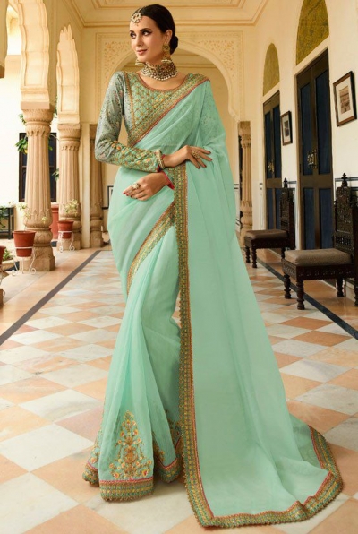 Light green Barfi silk saree Indian wedding saree double blouse