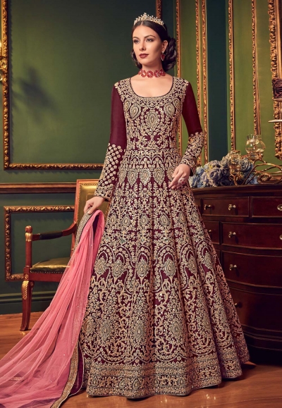 Elegant Wine Triva Silk With Heavy Embroiderey Anarkali Gown