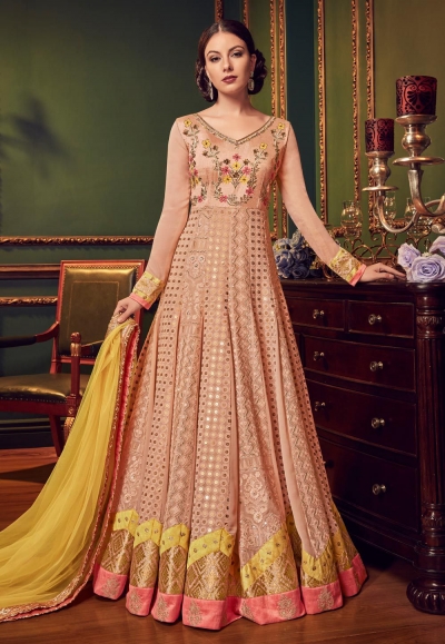 Peach color Swiss georgette gown style Indian wedding anarkali